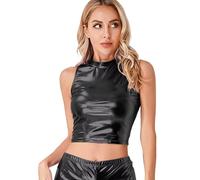Genérico Top crop senza maniche metallici da donna, collo alto, gilet lucido olografico, canotta per feste rave in club