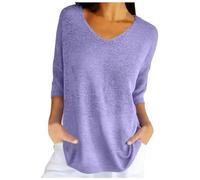 Genérico Top da Donna Primavera Casual Manica 3/4 Tinta Unita scollo a V Pullover ampio lavorato a Maglia maglioni Autunnali (Purple, M)