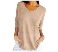 Genérico Top da Donna Primavera Casual Manica 3/4 Tinta Unita scollo a V Pullover ampio lavorato a Maglia maglioni Autunnali (Khaki, L)