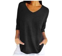 Genérico Top da Donna Primavera Casual Manica 3/4 Tinta Unita scollo a V Pullover ampio lavorato a Maglia maglioni Autunnali (Black, S)