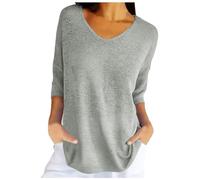 Genérico Top da Donna Primavera Casual Manica 3/4 Tinta Unita scollo a V Pullover ampio lavorato a Maglia maglioni Autunnali (Grey, L)