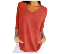 Genérico Top da Donna Primavera Casual Manica 3/4 Tinta Unita scollo a V Pullover ampio lavorato a Maglia maglioni Autunnali (Red, L)