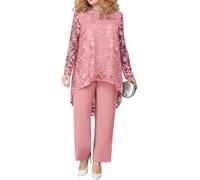 Genérico Top De Encaje Informal Elegante Para Mujer Y Pantalones Rectos De Cintura Alta Conjunto De 2 Piezas Moda Madre De La Novia Invitados De Boda Traje De Color Sólido (Rosa,5XL)