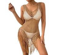 Genérico Top de ganchillo sin mangas para mujer con flecos decorativos, malla transparente y aireada, corte ajustado fluido, suéteres transpirables para mujer, estilo bohemio, café, XL
