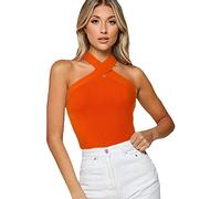 Genérico Top Diadema para mujer lisa sin mangas con cuello enrollado y espalda desnuda para un look sensual y estival Top Espalda desnuda para mujer, ideal para noche o playa, naranja, M