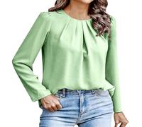 Genérico Top para mujer, algodón, elegante, de algodón, con cuello redondo, plisado, alto, color liso, ropa básica, túnica informal, elegante, holgada, cómoda, traje de noche, verde claro, S