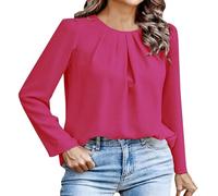 Genérico Top para mujer, algodón, elegante, de algodón, con cuello redondo, plisado, alto, color liso, ropa básica, túnica informal, elegante, holgada, cómoda, traje de noche, rosa brillante, L