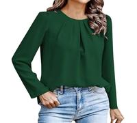 Genérico Top para mujer, algodón, elegante, de algodón, con cuello redondo, plisado, alto, color liso, ropa básica, túnica informal, elegante, holgada, cómoda, traje de noche, verde, XXL
