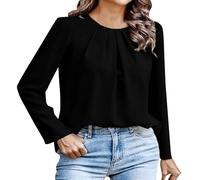 Genérico Top para mujer, algodón, elegante, de algodón, con cuello redondo, plisado, alto, color liso, ropa básica, túnica informal, elegante, holgada, cómoda, traje de noche, Negro , M