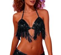 Genérico Tops de Danza para Mujer,Top con borlas y Lentejuelas para Danza del Vientre