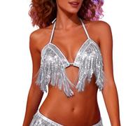 Genérico Tops de Danza para Mujer,Top con borlas y Lentejuelas para Danza del Vientre