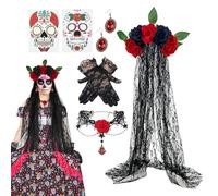 Genérico Totenkostüm Damen | Día de Muertos Schmuck Set | Spitzenhandschuhe Schleier Ohrring Halskette Kostüm für Bühne Cosplay Maskerade Party Karneval Accessoire