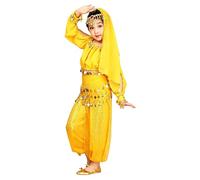 Genérico Traje Belly Dance Niña Disfraz Oriental Infantil 4 Piezas con Top Pantalón Cinturón de Monedas y Velo para Espectáculos
