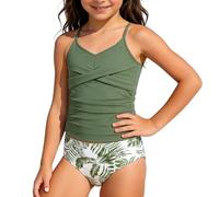 Genérico Traje de baño 2 Piezas niñas Conjunto Tankini Fruncido Estampado Floral niñas 8 a 14 años Bonito Moderno