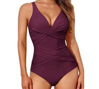 Generico Traje de baño de una pieza para mujer con cuello en V elegante Trajes de una pieza Push up Cintura Alta Control del Vientre Monokini Espalda Descubierta Beachwear Swimwear, violeta, S