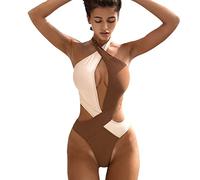 Generico Traje de baño de una pieza para mujer Push Up Traje de baño de una pieza Monokini para mujer Traje de baño Bikini con costuras a juego de colores Traje de baño Monokini, café, M