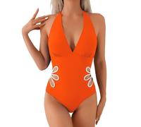 Genérico Traje de Baño Entero Mujer Elegante con Escote V Pronunciado y Detalle de Pétalos en la Cintura (Orange, S)