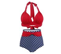 Genérico Traje de Baño Mujer 2 Piezas Bañador Pecho Grande Conjunto de Bikini Cintura Alta con Cuello Lunares Retro Traje Baño Piezas Bañador Tanga Mujer Bañadores Tallas Grandes(Red,L)