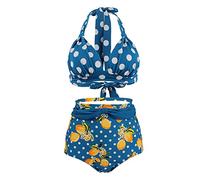 Genérico Traje de Baño Mujer 2 Piezas Bañador Pecho Grande Conjunto de Bikini Cintura Alta con Cuello Lunares Retro Traje Baño Piezas Bañador Tanga Mujer Bañadores Tallas Grandes(Blue,S)