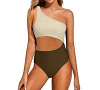 Genérico Traje de Baño Mujer Reductor Barriga Bañador Negro Traje de Baño Un Solo Hombro para Mujer,con Recortes Bañador Asimetrico Bikini Talla Grande (Beige,S)