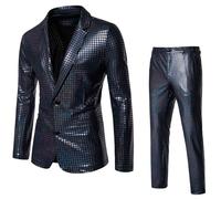 Generico Traje de hombre de 2 piezas completo metalizado mono brillante vestido de ceremonia blazer de escenario de dos piezas Blazer retro chaqueta punk gótico traje completo formal de trabajo, Negro