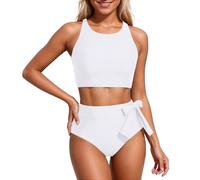 Genérico Trajes de Baño Mujer 2 Piezas Bañador Talla Grande Conjunto de Bikini Cintura Alta para Mujer,Traje Baño Piezas con Espalda Y Cuello Alto Bañador Deportivo Natacion (White,L)