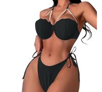 Genérico Trajes De BañO Mujer Bikini Asimetrico Mujer Swimsuit Women's Split Bag Pearl Tie Three Point Solid Color Sexy Bikini BrasileñO Brasileñ (Black, L)