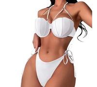 Genérico Trajes De BañO Mujer Bikini Asimetrico Mujer Swimsuit Women's Split Bag Pearl Tie Three Point Solid Color Sexy Bikini BrasileñO Brasileñ (White, L)