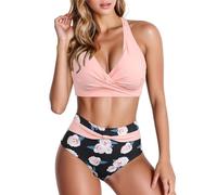 Generico Trajes de mujer playa dos piezas bikini conjunto brasileño traje de baño 2 piezas ajustable halterneck triángulo top cintura baja bikini bottom pantalones cortos baño mujer estampado tropical