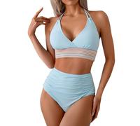 Generico Trajes de mujer playa dos piezas bikini conjunto brasileño traje de baño 2 piezas ajustable halterneck triángulo top cintura baja bikini bottom pantalones cortos baño mujer estampado tropical