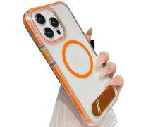 Genérico Transparent Phone Case with Adjustable Kickstand for iPhone, Military-Grade Shockproof Bumper, Slim Transparent Acrylic Back Cover, Crystal Clear Design (For iPhone16 Pro MAX,Orange)