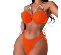 Genérico Trikinis Mujer Bikini Mujer con Relleno Y Push-Up Swimsuit Women's Split Bag Pearl Tie Three Point Solid Color Sexy Bikini BañAdor Push-Up con Relleno Culotte (Orange, XL)