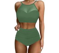 Genérico Trikinis Mujer Parte Arriba Bikini Mujer 2025 New Bikini Women's Split Swimsuit Solid Color Mesh Splicing Swimsuit BañAdor Push-Up con Relleno Red Point (Green, XL)