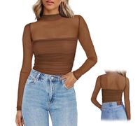 Genérico Turtle Neck Ruched Mesh Sexy Long Sleeve - Going out Tops Holiday Party Tops for Women, Womens Date Night Outfits Top (Brown,M)