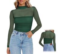 Genérico Turtle Neck Ruched Mesh Sexy Long Sleeve - Going out Tops Holiday Party Tops for Women, Womens Date Night Outfits Top (Green,M)