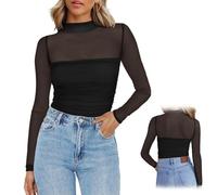 Genérico Turtle Neck Ruched Mesh Sexy Long Sleeve - Going out Tops Holiday Party Tops for Women, Womens Date Night Outfits Top (Black,M)