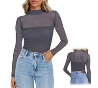 Genérico Turtle Neck Ruched Mesh Sexy Long Sleeve - Going out Tops Holiday Party Tops for Women, Womens Date Night Outfits Top (Grey,XL)