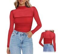 Genérico Turtle Neck Ruched Mesh Sexy Long Sleeve - Going out Tops Holiday Party Tops for Women, Womens Date Night Outfits Top (Red,XL)