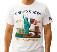 Genérico U.S. 250th Anniversary Edition T-Shirt, 250 Years American Flag Statue of Liberty 250th Anniversary USA T-Shirt (White,L)