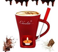 Genérico Ultimate Chocolate Fondue Mug Set Ceramic Personal Melting Cup for Cheese, Ideal for Romantic Evenings - Includes Fondue Cups with Forks & Tealight Candle Mini Simmer Mug. (Red)
