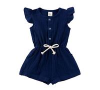 Genérico Un traje de verano para bebés recién nacidos Button Up Linen Romper Traje de mosca Manga Sólida Playsuit ropa de Playsuit (Blue, 2-3 Years)