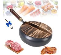 Genérico Uncoated Thick Iron Pot, Japanese Iron Pan for Cooking, Uncoating Cast IronPot, Hand-Forged Non-Stick Cast Skillet, High Purity Steel Wok for Frying (Smooth-Wood Cover,11.02 in)