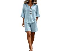 Genérico V Neck Ruffle Sleeve 2 Piece Shorts Set for Women (Blue,M)