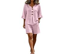 Genérico V Neck Ruffle Sleeve 2 Piece Shorts Set for Women (Pink,M)