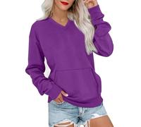 Genérico V Neck Sweatshirt Women with Pocket Fleece Long Sleeve Oversized Sweatshirt Fall Y2K Soft Winter Clothes (Dark Purple,S)