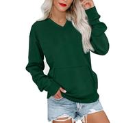 Genérico V Neck Sweatshirt Women with Pocket Fleece Long Sleeve Oversized Sweatshirt Fall Y2K Soft Winter Clothes (Dark Green,L)