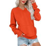 Genérico V Neck Sweatshirt Women with Pocket Fleece Long Sleeve Oversized Sweatshirt Fall Y2K Soft Winter Clothes (Orange,L)