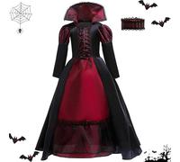 Genérico Vampirkönigin Kosstüm - Gruseliges -Outfit Kosstüme Für Mädchen | Stilvolles Cosplay Kosstüm Mit Vampir Accessoires | Kinder Verkleidung Für Karneval & Gruselpartys