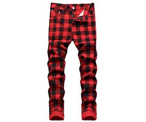Genérico Vaqueros Hombre Slim Fit - Pantalones Vaqueros para Hombre Pantalones Ajustados de Cintura Media para Hombre Informales con Estampado a Cuadros Cremallera Bolsillo con Mosca (Red 38)