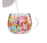 Genérico Vasos de café de vidrio de doble pared,Tazas De 250 Mililitros Con Pétalos Coloridos | Vaso De Vidrio Aislante Con Asa Y Flor Seca,para Casa Oficina Bar y Té Frío con Hielo y Agua Caliente